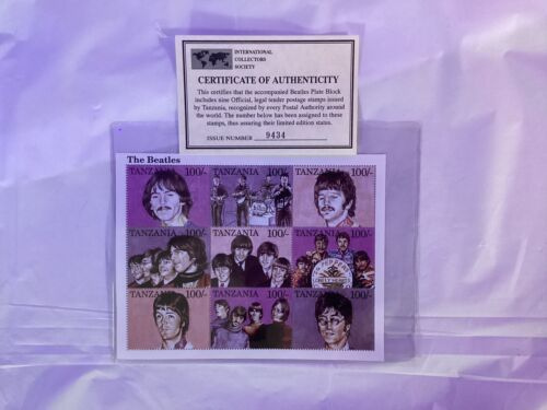 The Beatles Tanzania Set of 9 Sheetlet Stamps Issue Number 9434 w/COA
