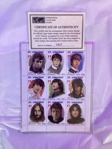 The Beatles JOHN LENNON ST. Vincent Stamp Sheet w/ Certificate (COA) Mint - 0427